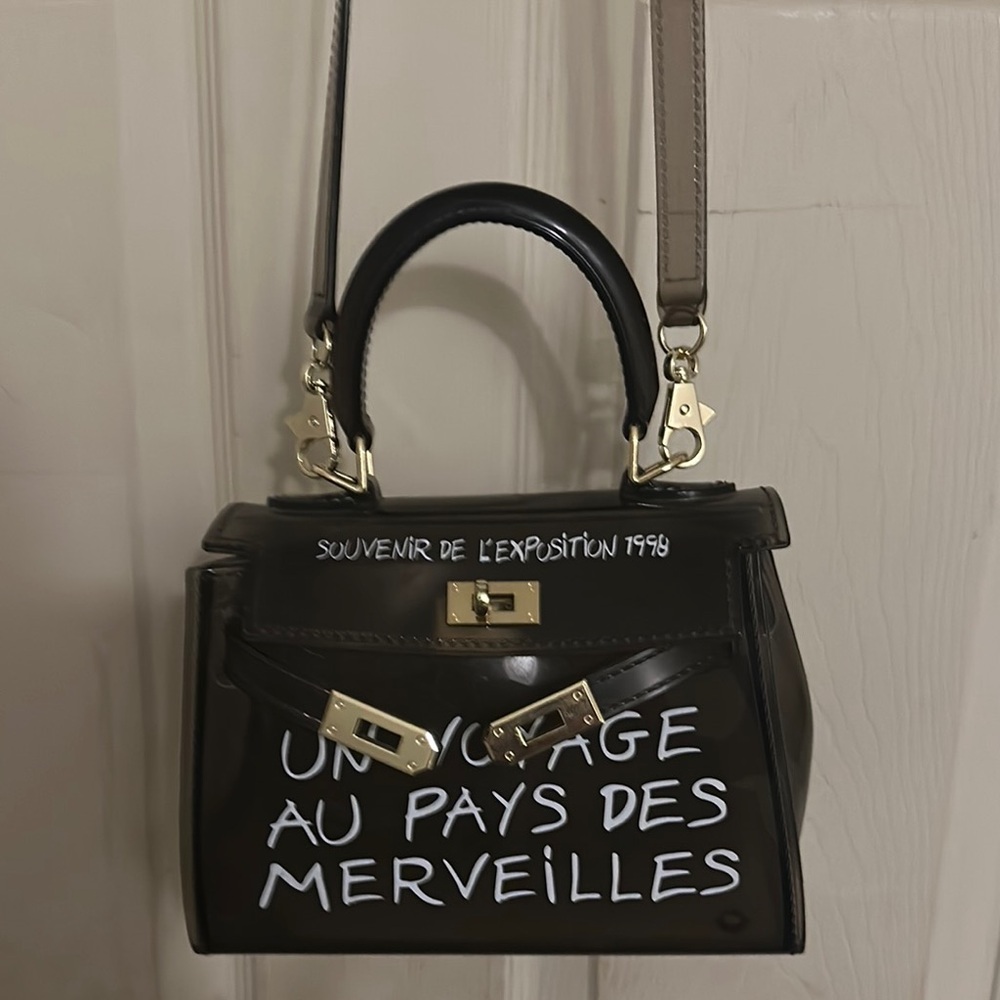 Black Mini Bag with Gold Hardware and Graffiti Design